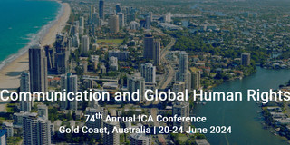 Luftaufnahme der australischen Stadt Gold Coast. Davor das Tagungsthema als Schriftzug "Communication and Global Human Rights" sowie "74th Annual ICA Conference", "Gold Coast Australia | 20-24 June 2024".