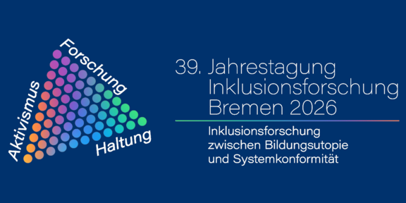 Das Logo der IFO Tagung 2026 bestehend aus einem Dreieck aus verschiedenfarbigen Punkten. An den Kanten jeweils die Wort Aktivismus, Forschung und Haltung. Daneben als Schriftmarke "39. Jahrestagung Inklusionsforschung Bremen 2026. Inklusionsforschung zwischen Bildungsutopie und Systemkonformität".