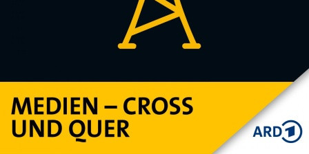 Das Icon eines Funkturm in gelb vor schwarzem Hintergrund. Oben rechts ist die Schriftmarke des SR2. Unten steht in großer schwarzer Schrift vor gelben Hintergrund "Medien - Cross und Quer". Unten rechts ist das Logo der ARD.