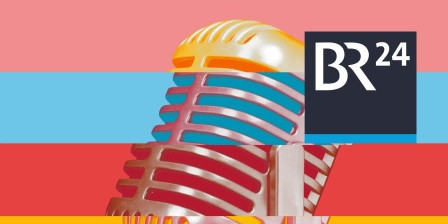 BR24 Medien Ein Mikrofon vor mehrfarbigen Streifen. Oben rechts das Logo von BR24, unten links der Schriftzug "Medien".