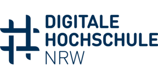 Ein Viereck aus vernetzten Linien in 3D-Optik steht im Logo neben der Schrift "Digitale Hochschule NRW".