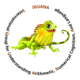 Ein Iguana in der Mitte des kreisförmigen Schriftzugs IGUANA - International Group for Understanding Arithmetic, Numerical Cognition, And Language