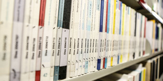 Dissertationen in der Bibliothek Bücher mit der Aufschrift Dissertation auf dem Buchrücken im Bücherregal der Bibliothek